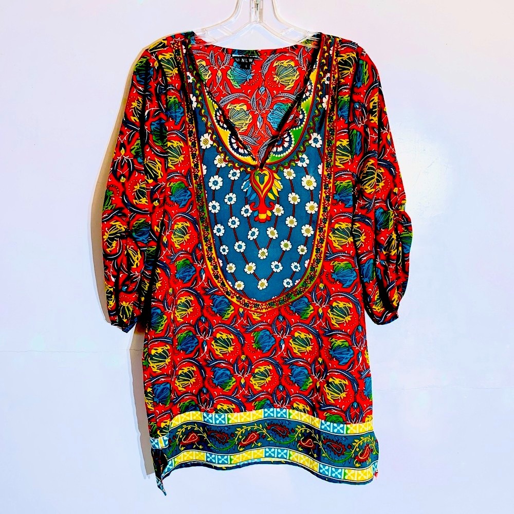 NLW Women's Colorful Floral Print Tunic/Dress - Sz L - 3/4 Sleeve - Boho Ethnic